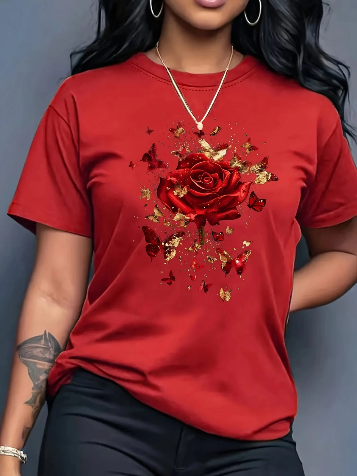 Women'S Floral Rose Butterfly Print T-Shirt