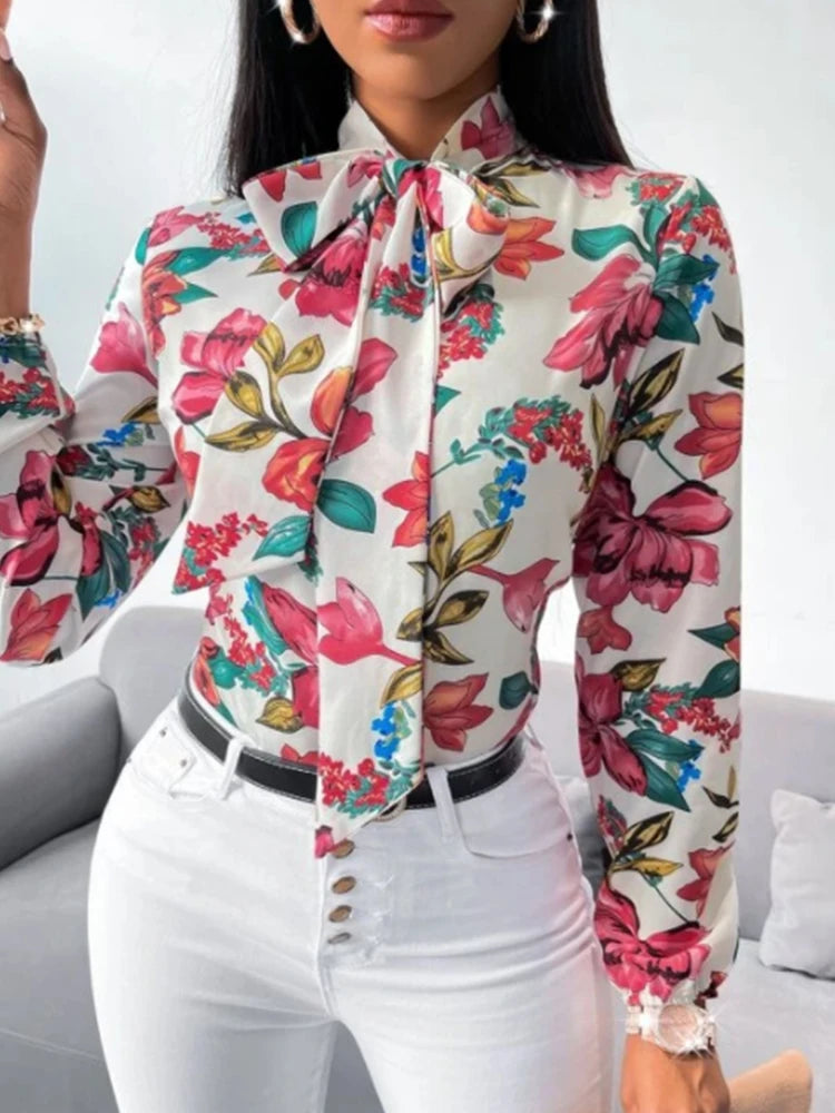 Women's Fashion Work Clothes Floral Print Bow Tie Shirt