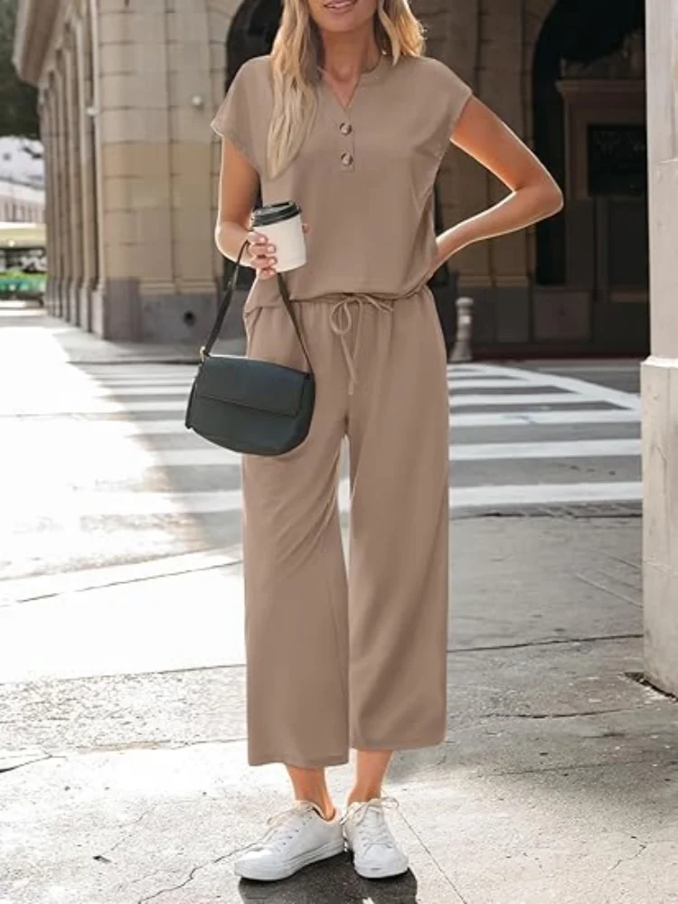 Women 2 Piece Outfit Set V Neck Button Short Sleeve T Shirt Drawstring Wide Leg Capri Pants