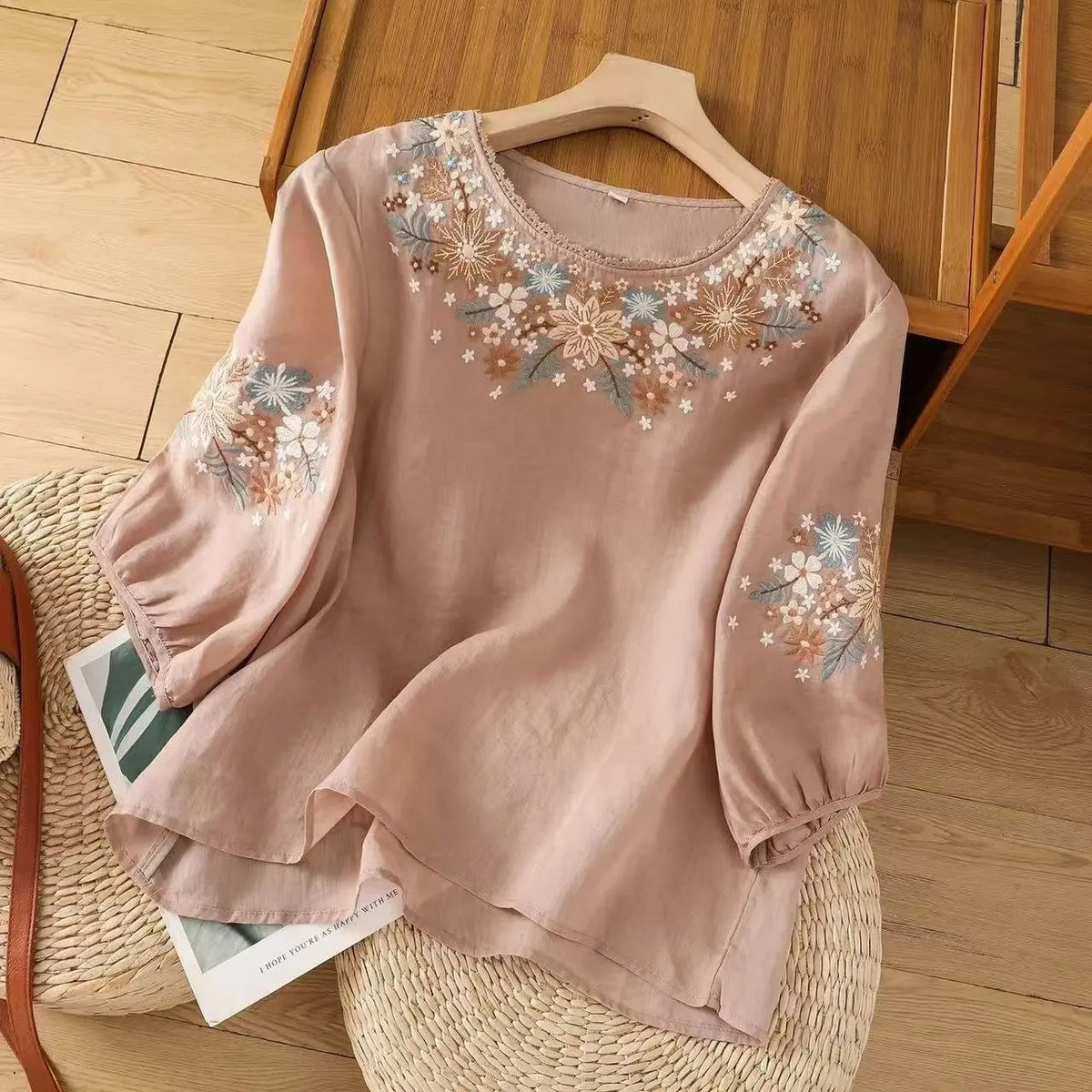Women's Floral Embroidered Cotton Linen Blouse
