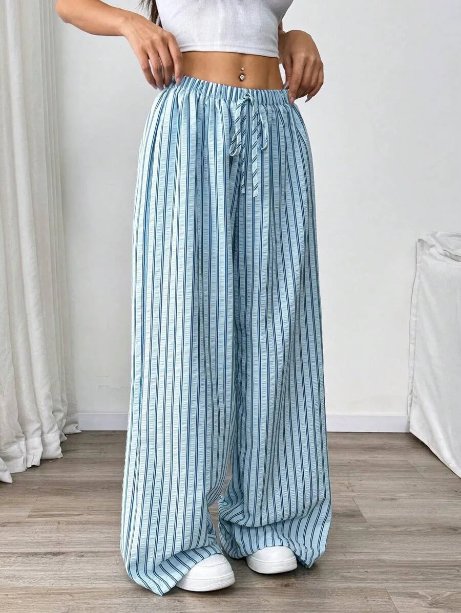 Ladies Casual Striped Ribbed Wide Leg Pants