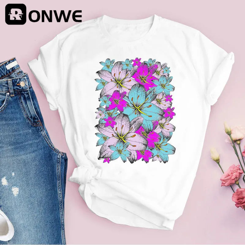 Women Graphic Flower Floral Print T-shirt