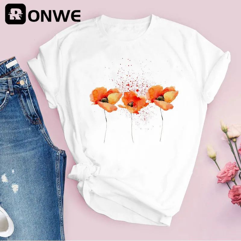 Women Graphic Flower Floral Print T-shirt