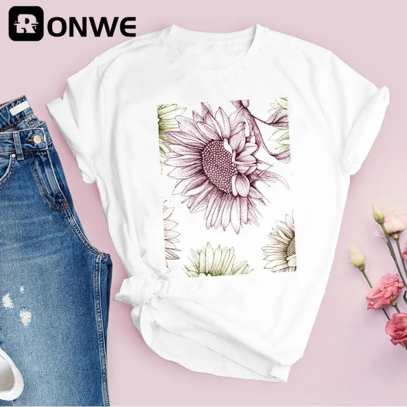Women Graphic Flower Floral Print T-shirt