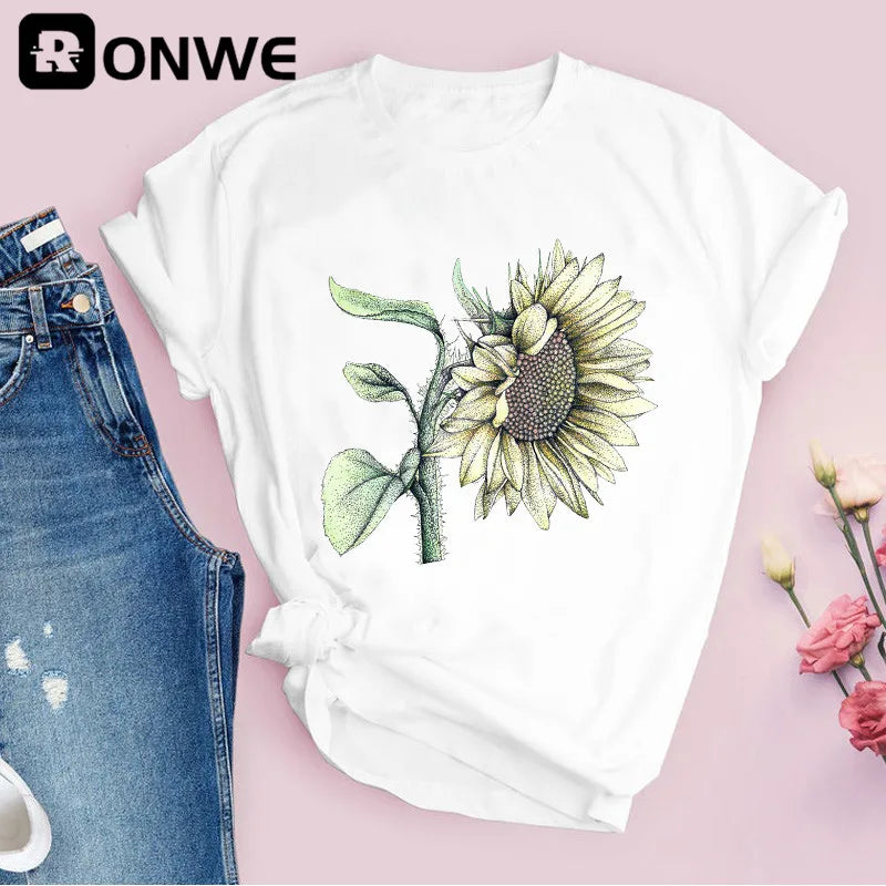 Women Graphic Flower Floral Print T-shirt