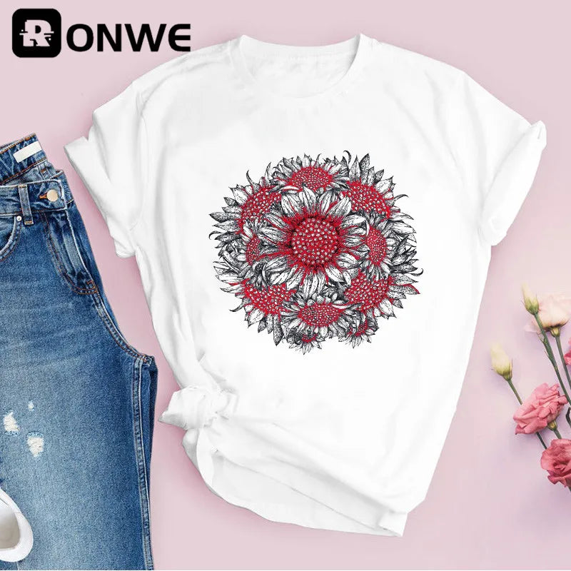 Women Graphic Flower Floral Print T-shirt