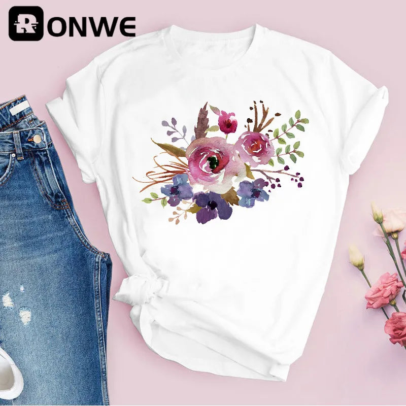 Women Graphic Flower Floral Print T-shirt