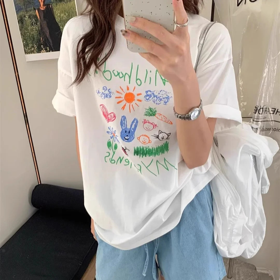 Women's T-shirt Vintage Floral Print Summer Round Neck Top