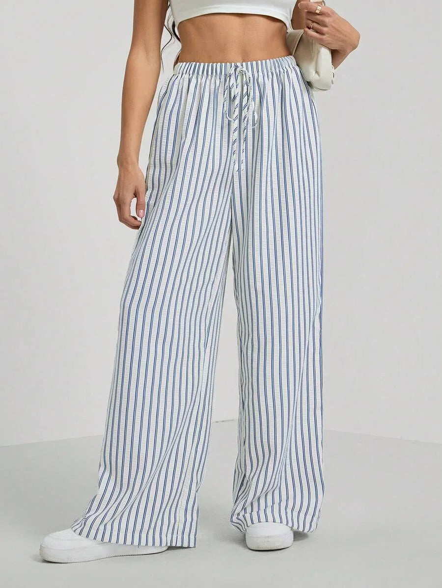 Ladies Casual Striped Ribbed Wide Leg Pants