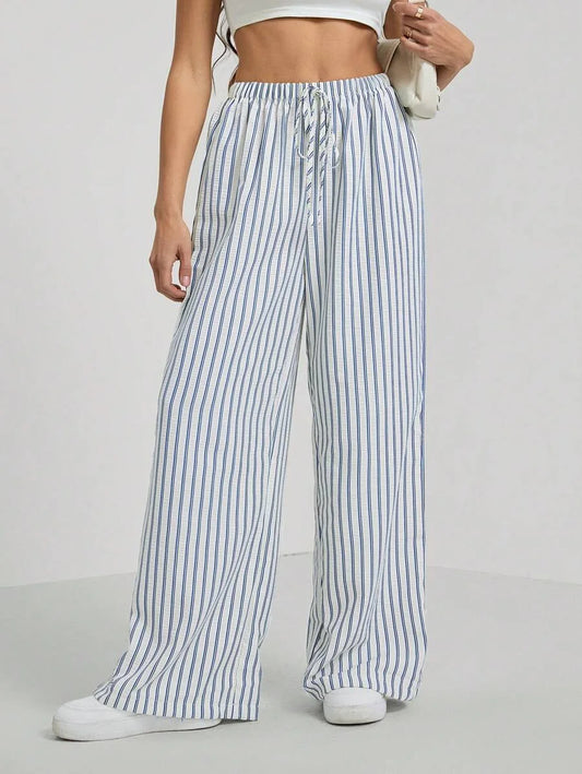 Ladies Casual Striped Ribbed Wide Leg Pants