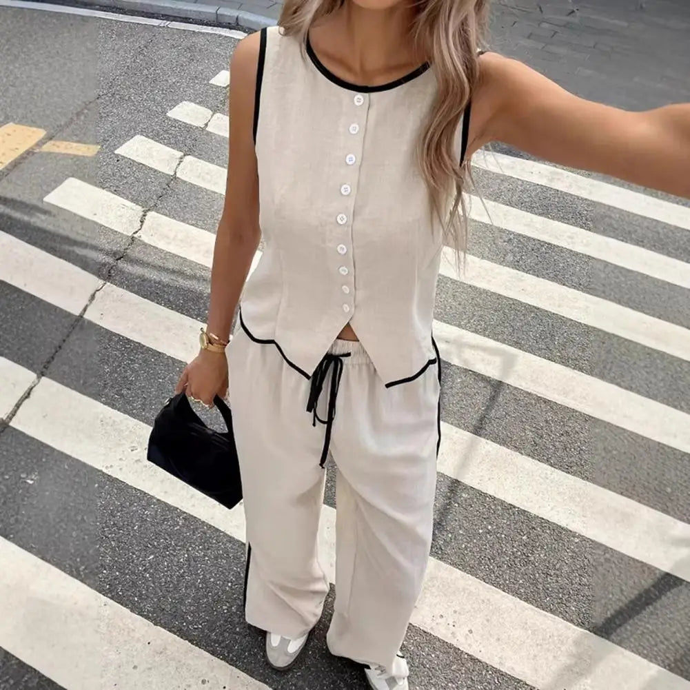Women Summer 2 Piece Outfits Sleeveless Button Down Vest Wide Leg Pants