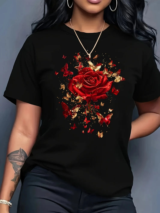 Women'S Floral Rose Butterfly Print T-Shirt