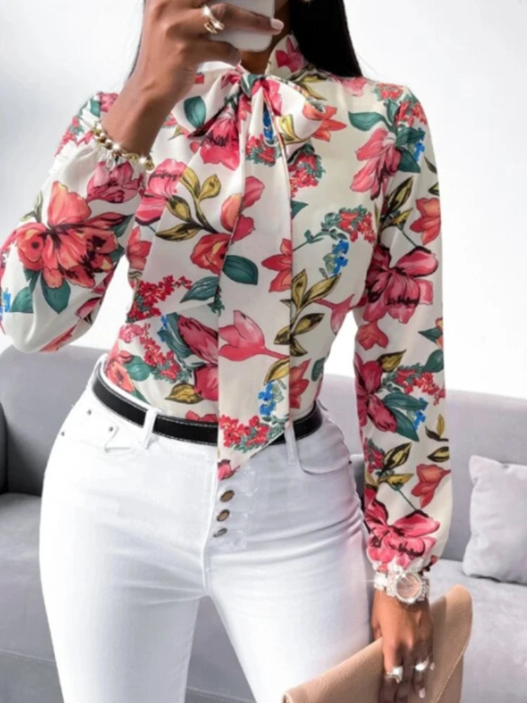 Women's Fashion Work Clothes Floral Print Bow Tie Shirt