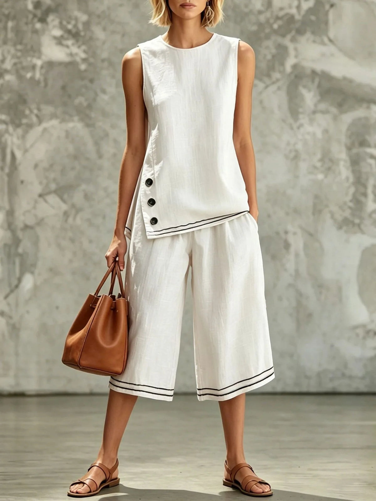 New Women Two-Piece Set Cotton Linen Sleeveless Vest ＆ Capri Wide Leg Pants