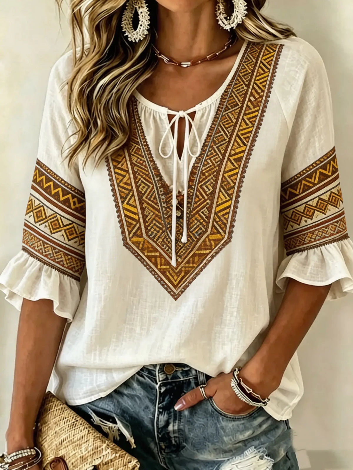 Women's White Floral & Paisley Print Tie Neck Blouse