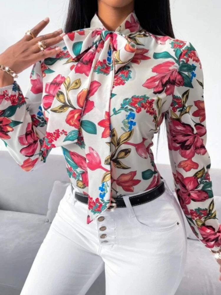 Women's Fashion Work Clothes Floral Print Bow Tie Shirt