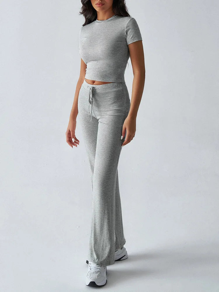 Women's Casual Lounge Set - Short Sleeve Top & Pants Two Piece, Home Wear Yoga Outfit