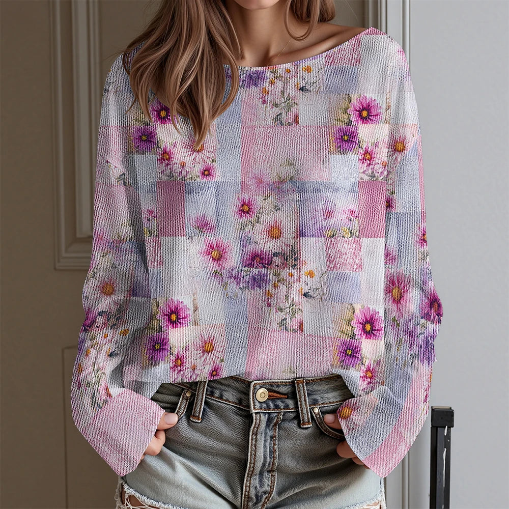 Women's Floral Print Off Shoulder Long Sleeve T-Shirt