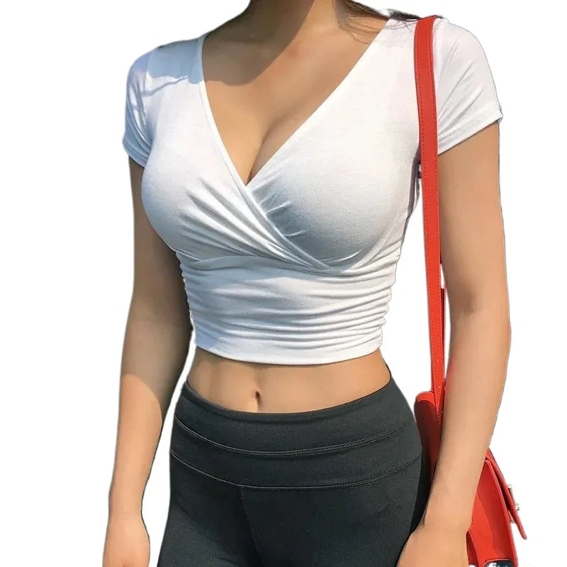 New Summer Black Sexy V-neck T-shirt
