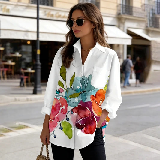 Women's Floral Print Long Sleeve Button Down Shirt,