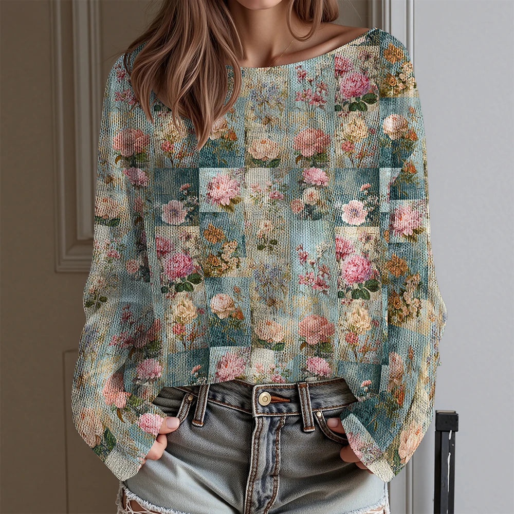 Women's Floral Print Off Shoulder Long Sleeve T-Shirt