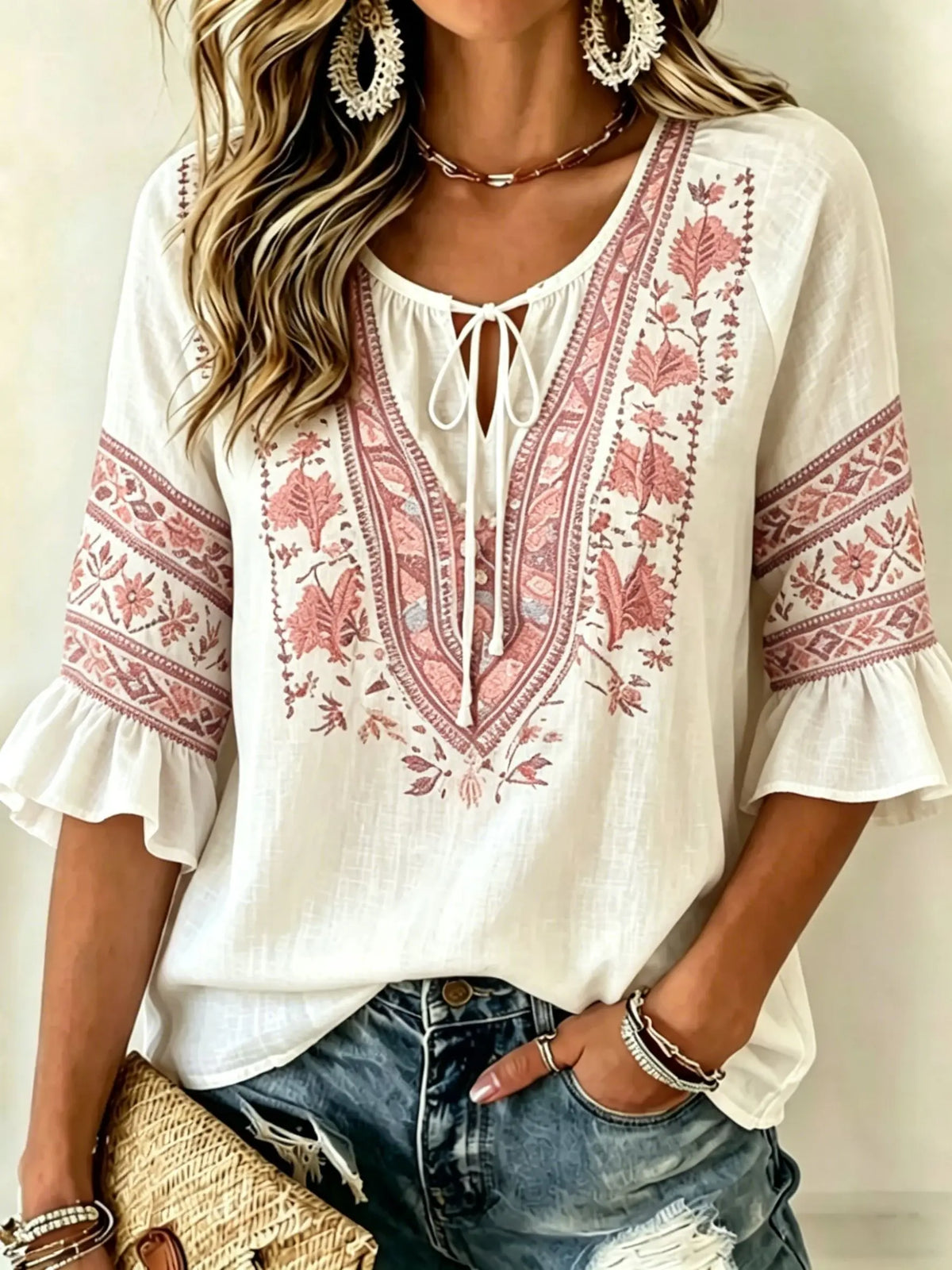 Women's White Floral & Paisley Print Tie Neck Blouse