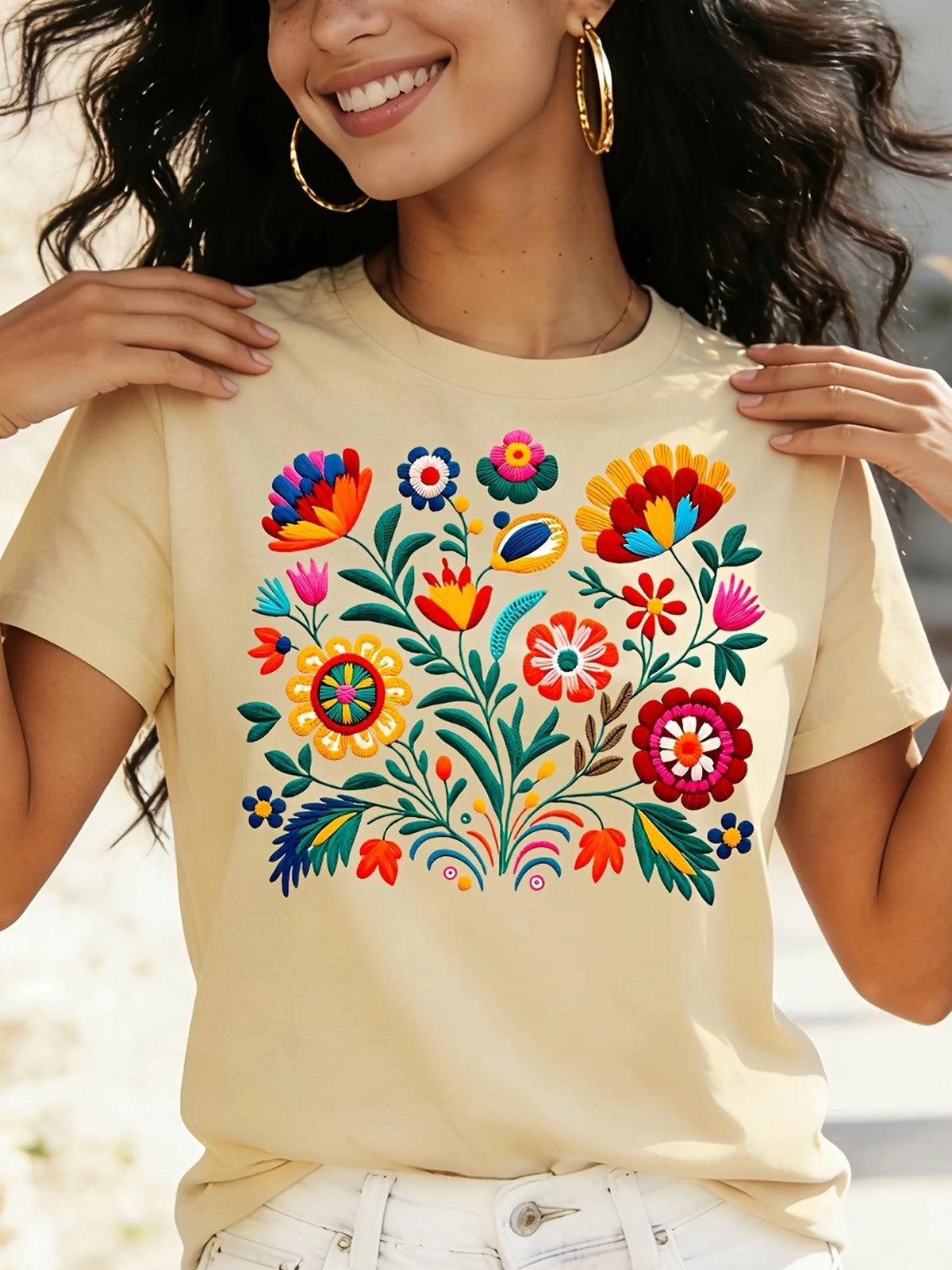 Women's T-shirt Adorned with Mexican Flowers