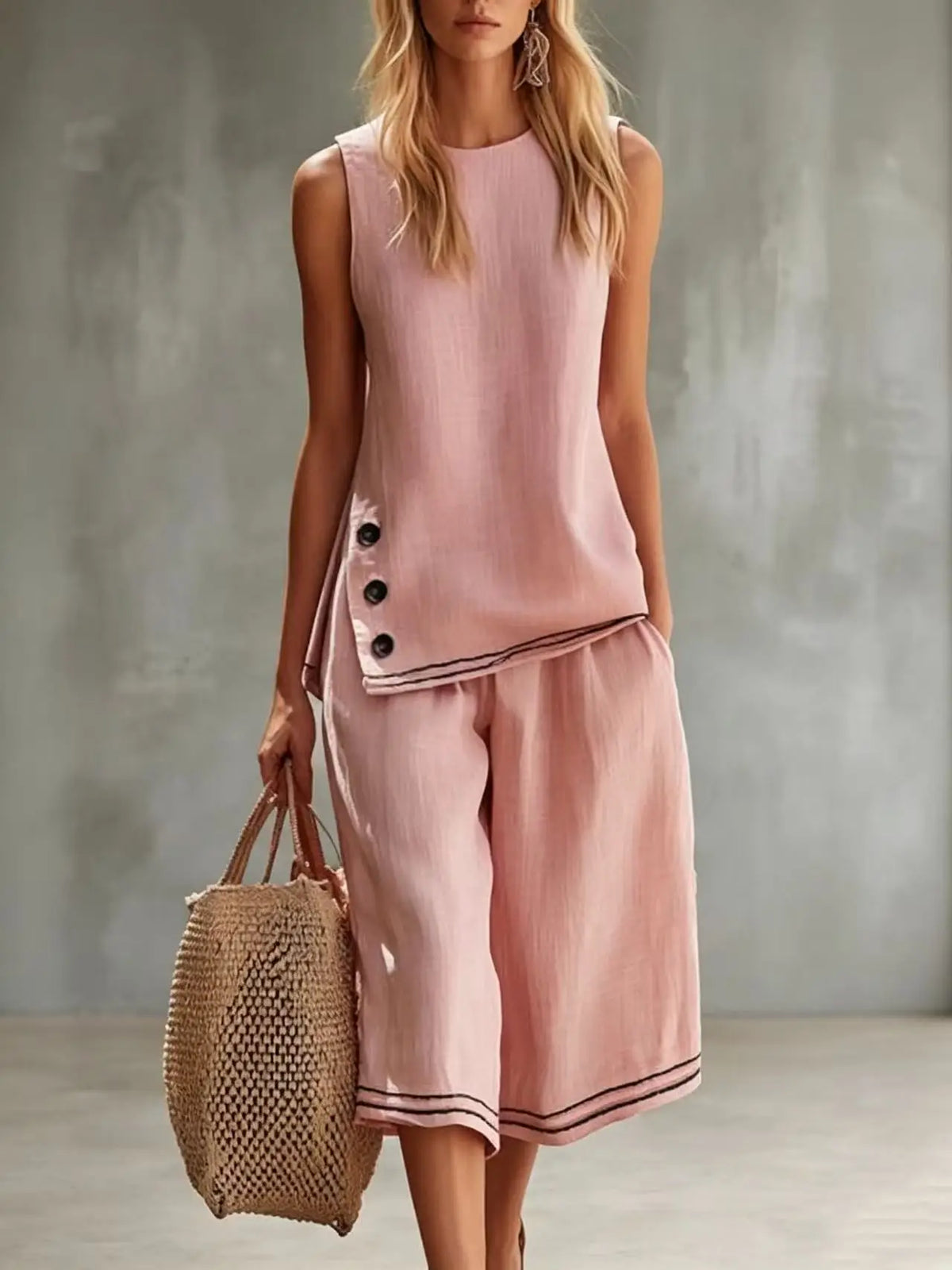 New Women Two-Piece Set Cotton Linen Sleeveless Vest ＆ Capri Wide Leg Pants
