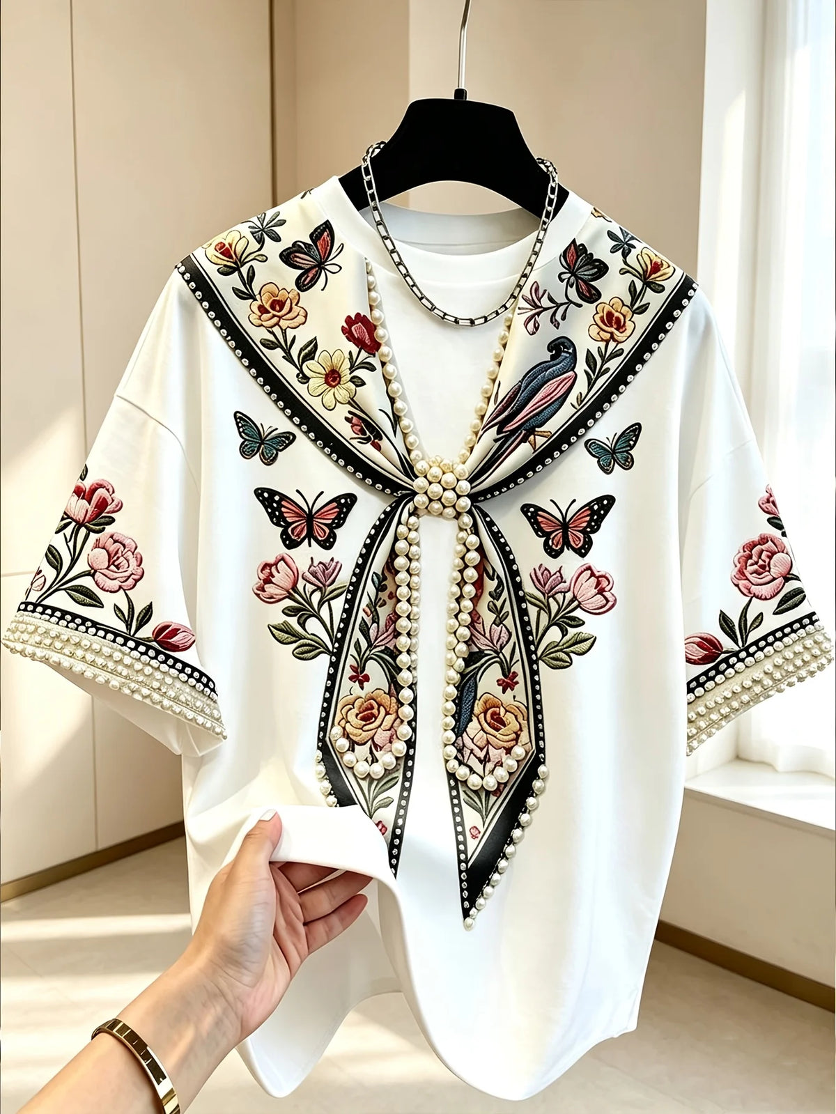 Women's Floral Bird and Butterfly Digital Print Short-Sleeve T-Shirt