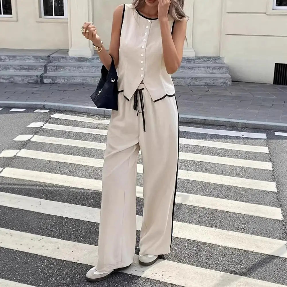 Women Summer 2 Piece Outfits Sleeveless Button Down Vest Wide Leg Pants