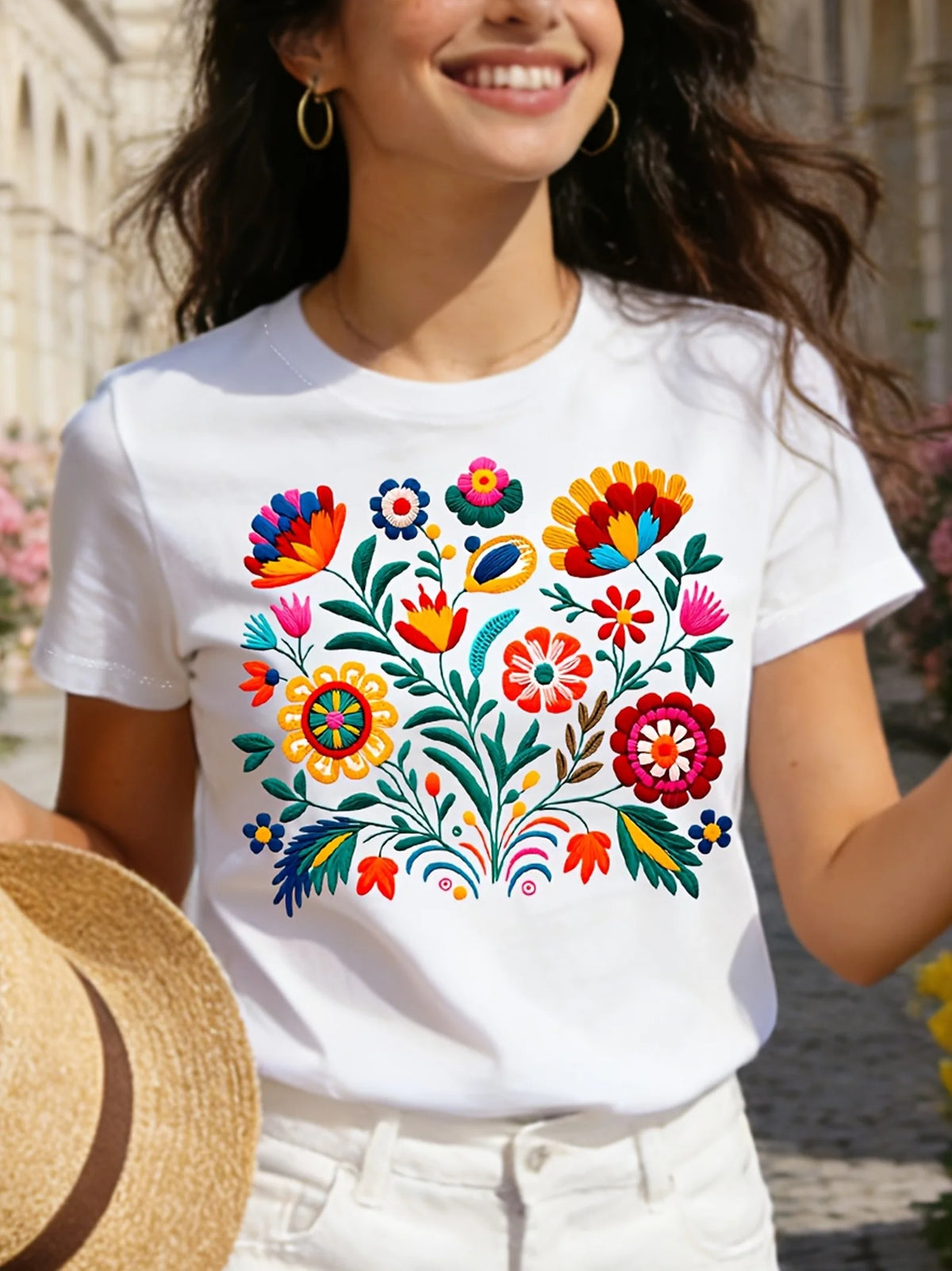 Women's T-shirt Adorned with Mexican Flowers