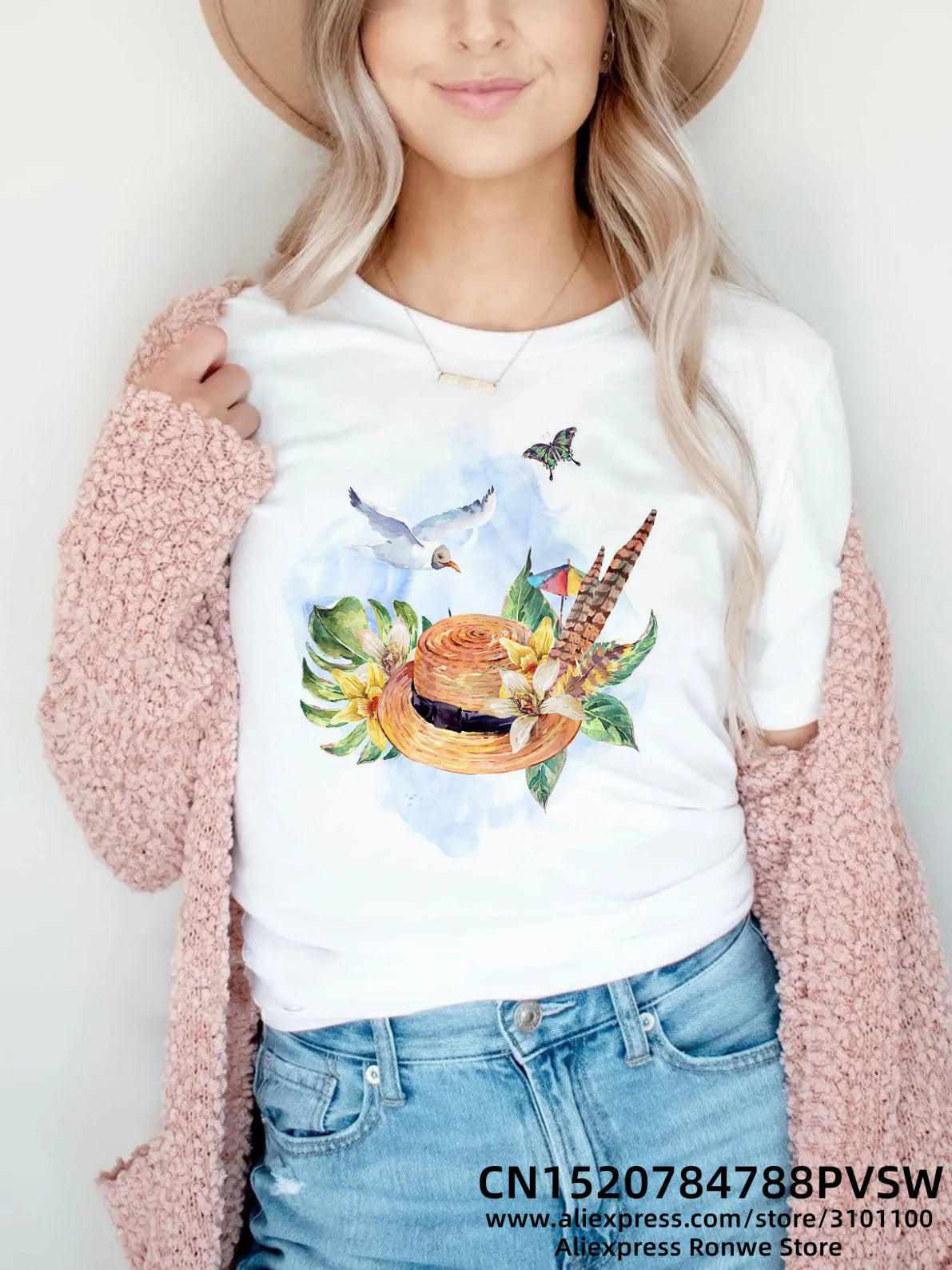 Flower Butterfly Women Print T-shirt