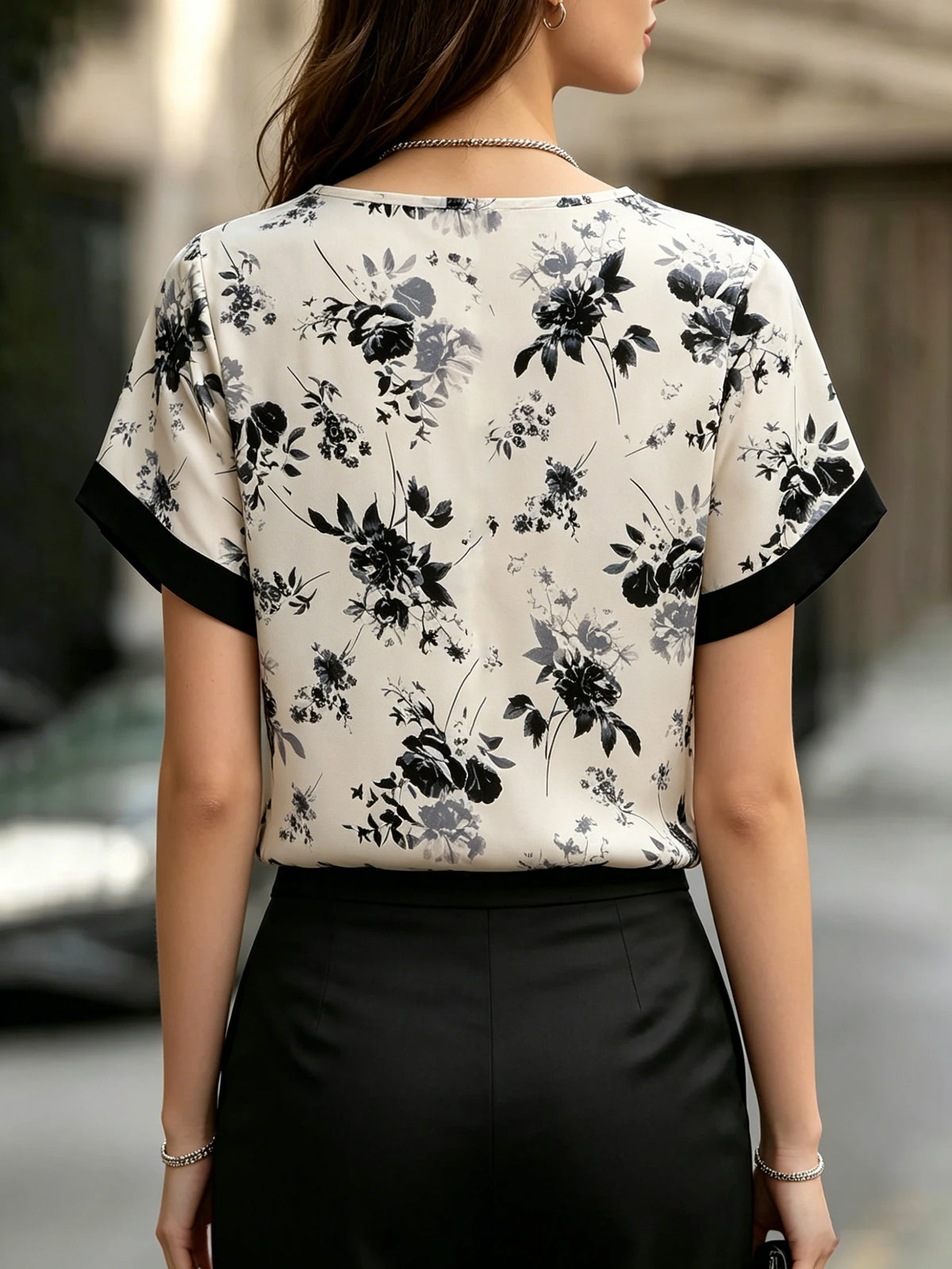Women Floral Blouse Round Neck Ruffle Sleeve Printed Top T-Shirt