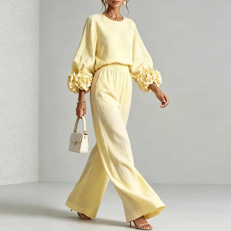 Women 2 Piece Outfit O Neck Puff Long Sleeve Top 3D Floral + Elastic Waist Wide Leg Pants Set