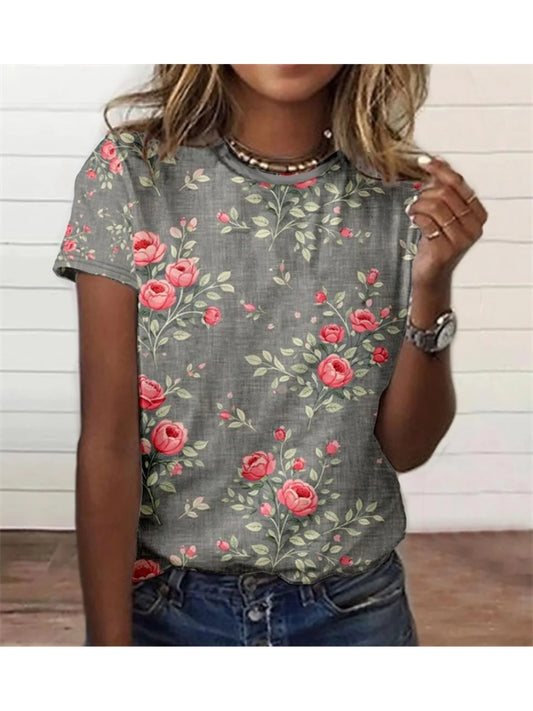 Women Rose Vine Floral Print T -shirt