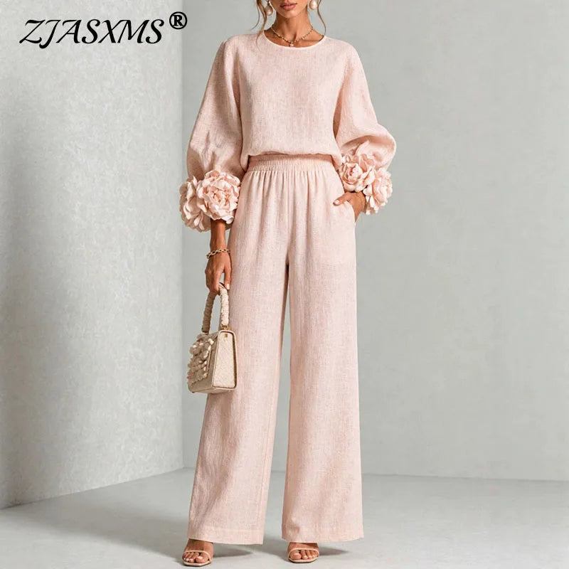 Women 2 Piece Outfit O Neck Puff Long Sleeve Top 3D Floral + Elastic Waist Wide Leg Pants Set