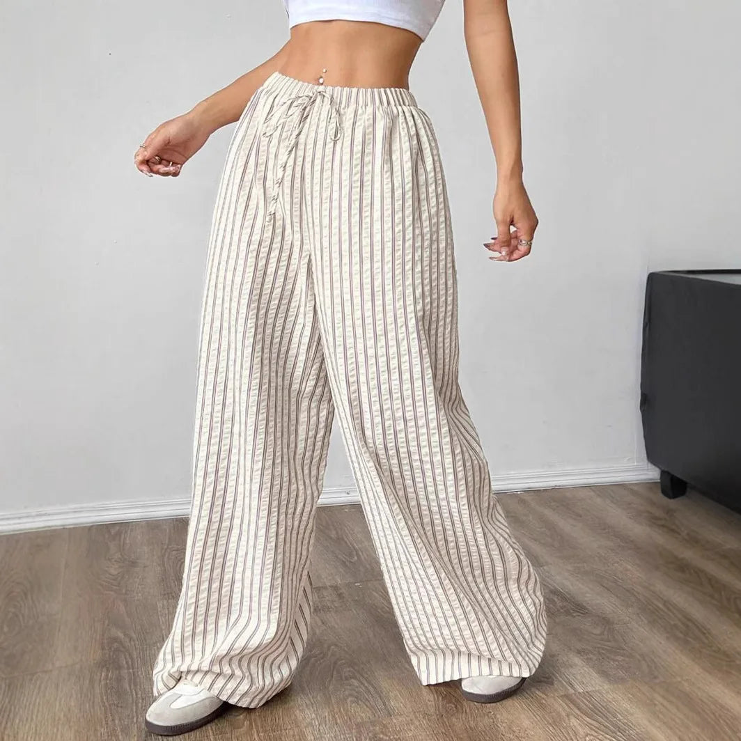 Ladies Casual Striped Ribbed Wide Leg Pants