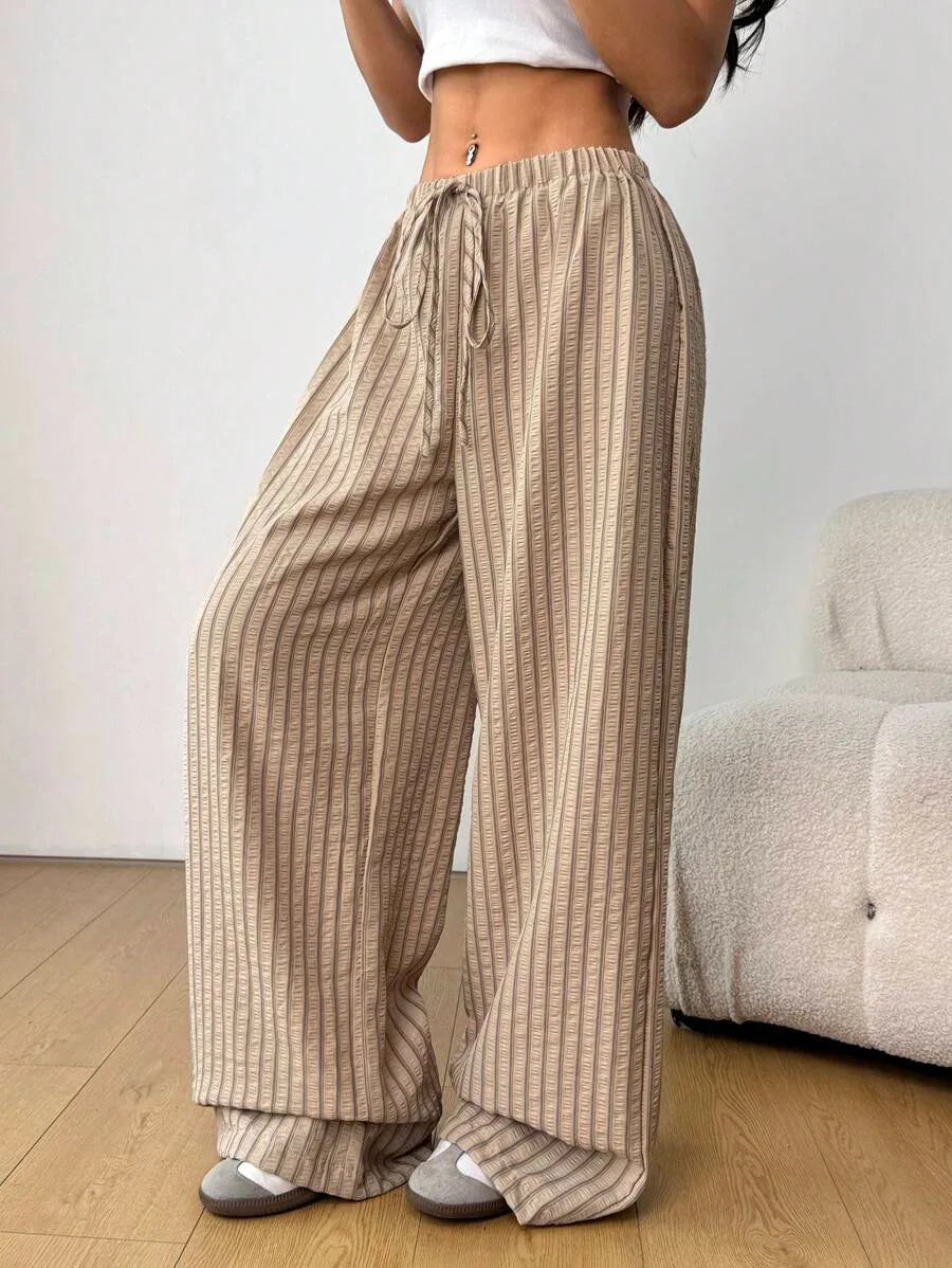 Ladies Casual Striped Ribbed Wide Leg Pants