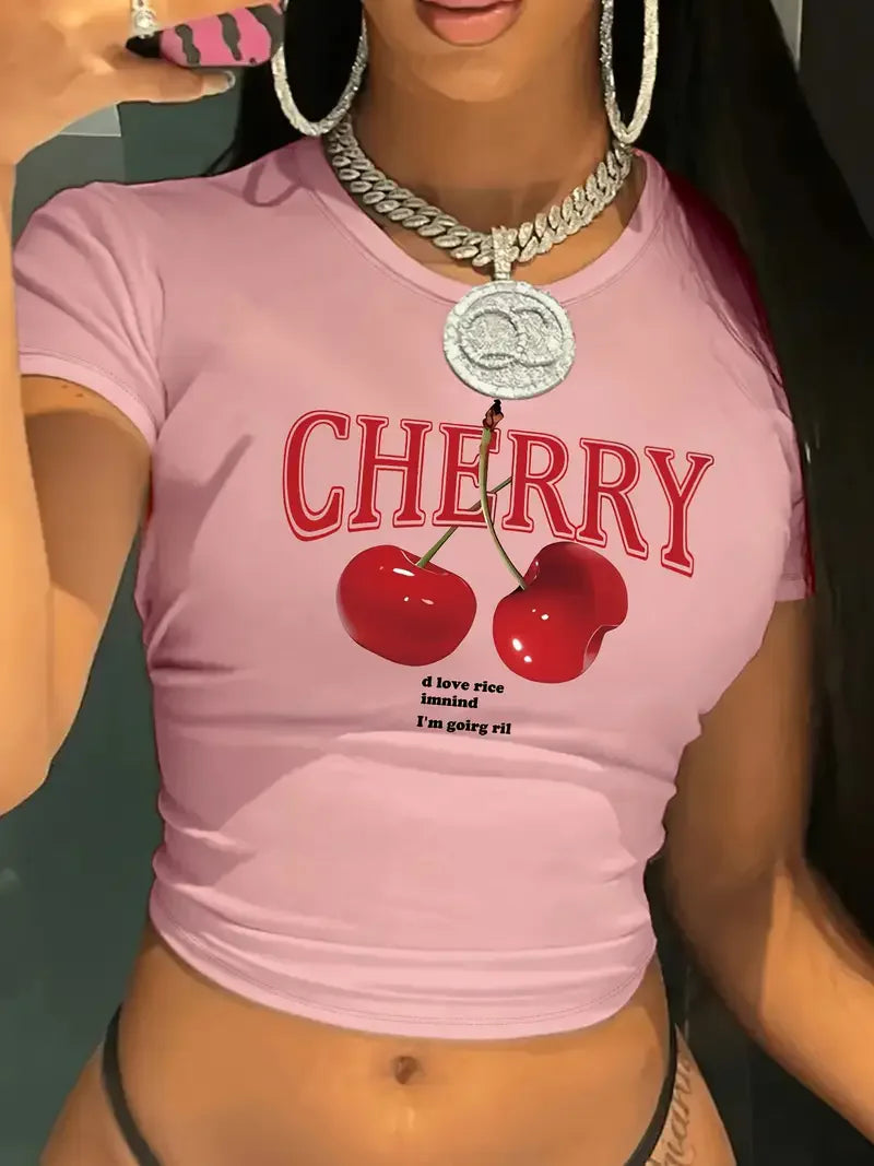 Fashion Cherry Print Crew Neck T-shirt