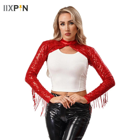 Womens Glitter Sequin Fringe Bolero Long Sleeve