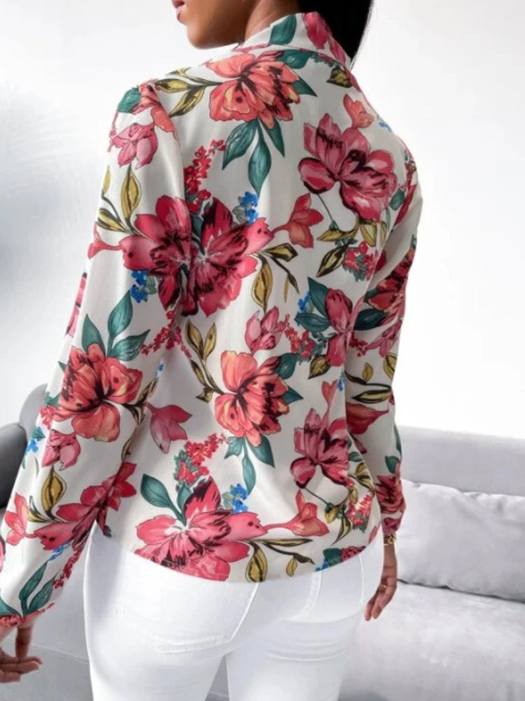 Women's Fashion Work Clothes Floral Print Bow Tie Shirt