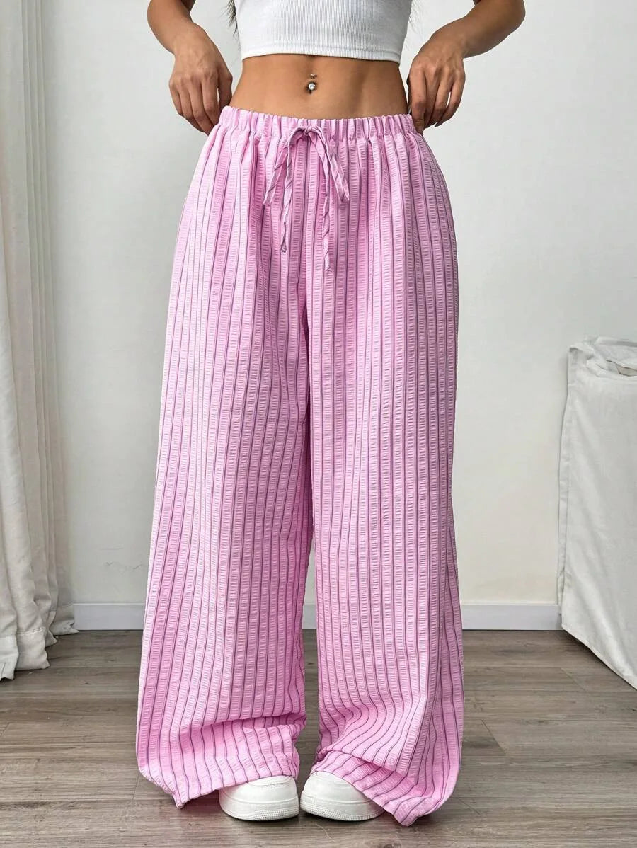 Ladies Casual Striped Ribbed Wide Leg Pants