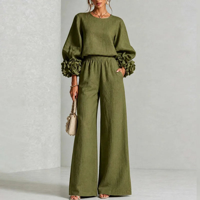 Women 2 Piece Outfit O Neck Puff Long Sleeve Top 3D Floral + Elastic Waist Wide Leg Pants Set