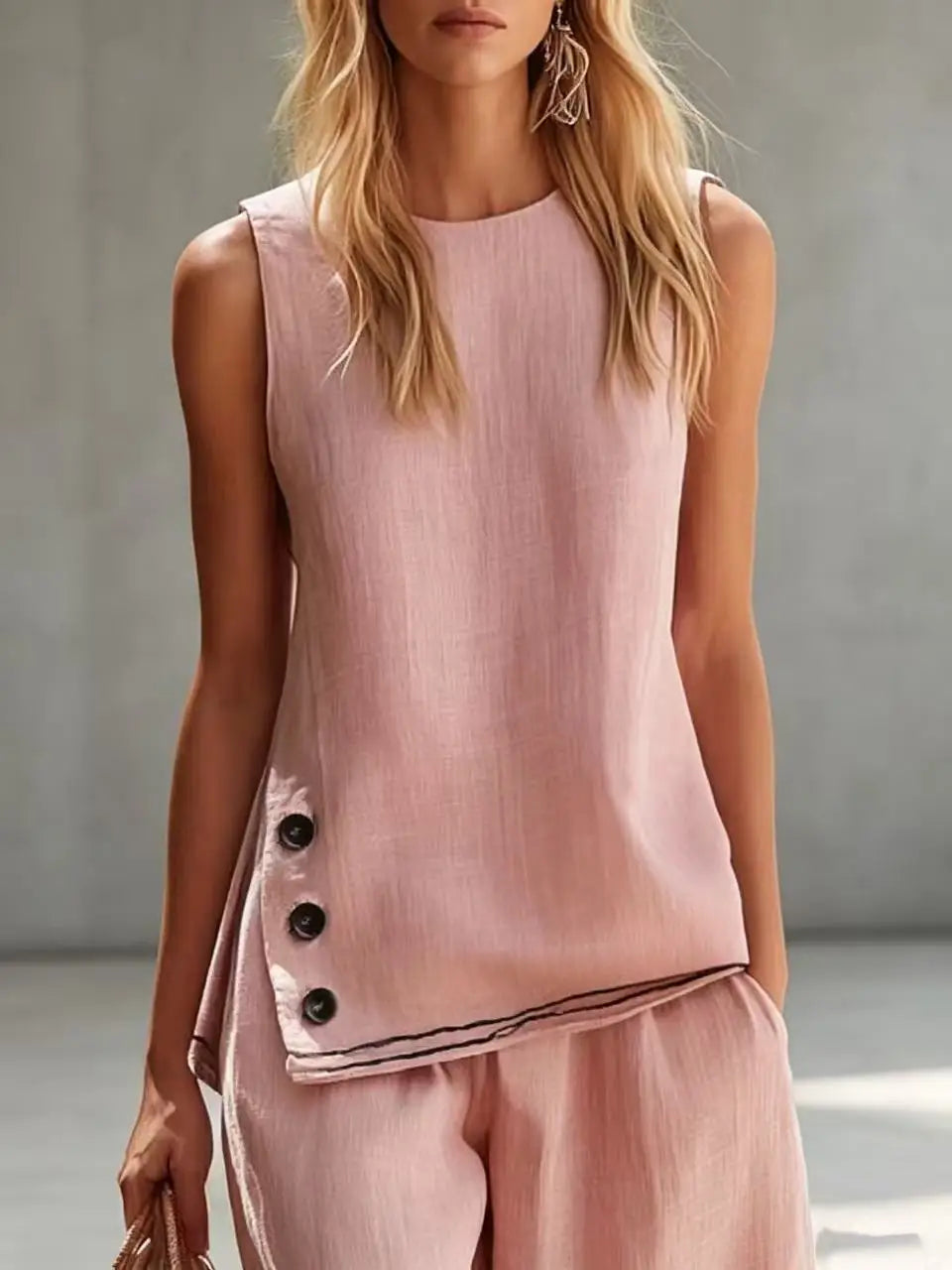 New Women Two-Piece Set Cotton Linen Sleeveless Vest ＆ Capri Wide Leg Pants