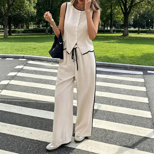 Women Summer 2 Piece Outfits Sleeveless Button Down Vest Wide Leg Pants