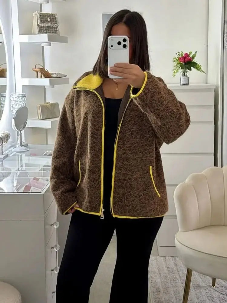 Cozy Women Elegant Blocking Knitted Cropped Cardigan
