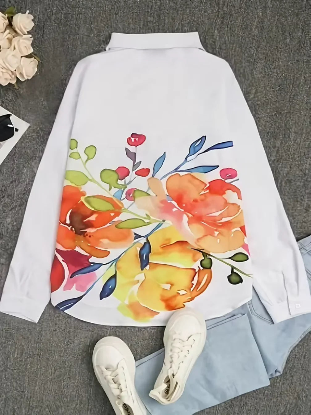 Women's Floral Print Long Sleeve Button Down Shirt,