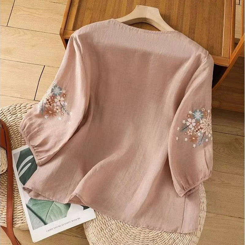 Women's Floral Embroidered Cotton Linen Blouse