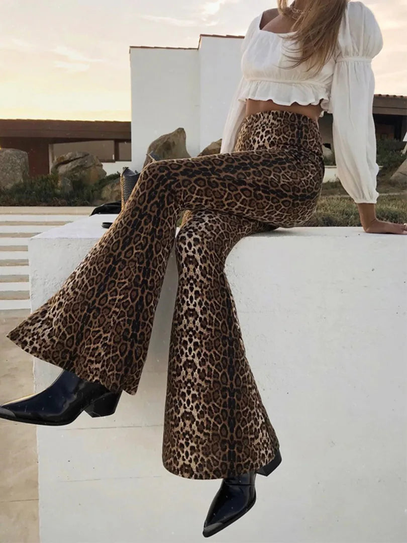 Hugcitar High Waist Leopard Print Flare Leggings