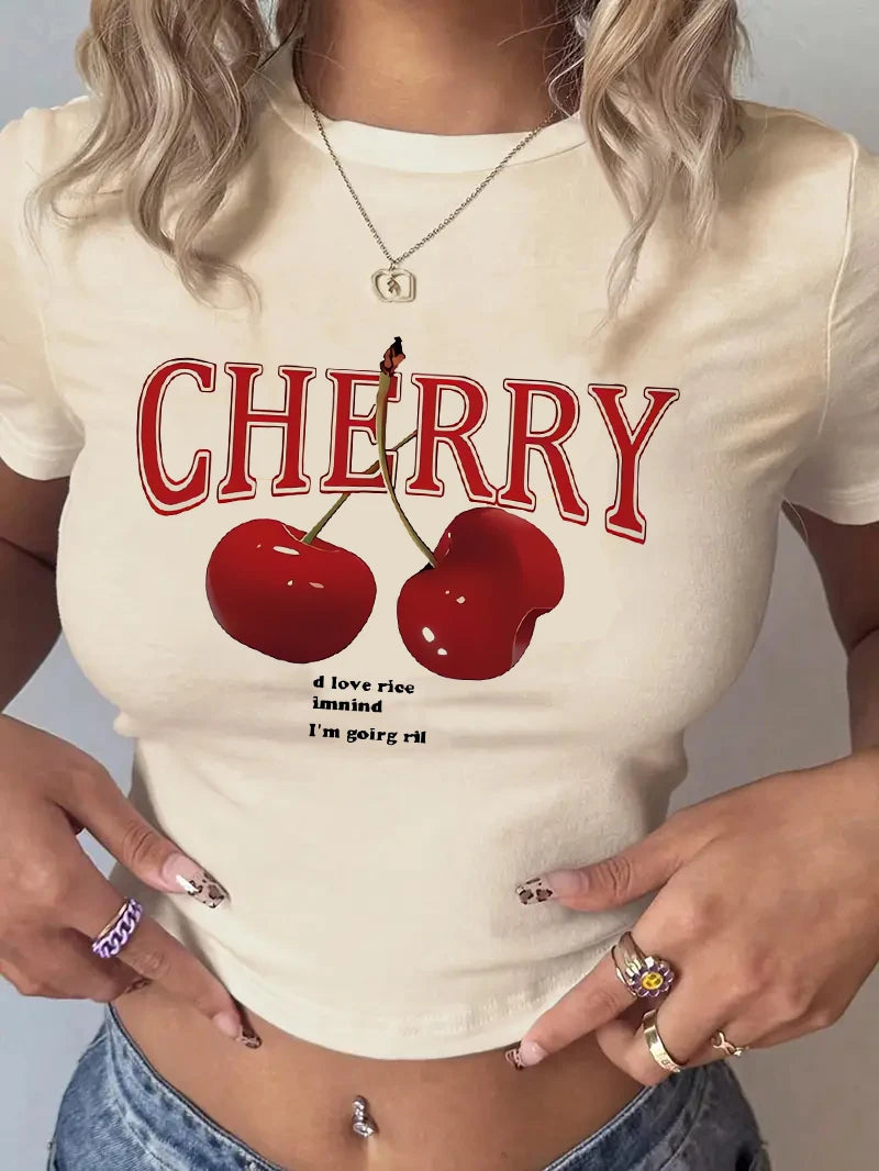 Fashion Cherry Print Crew Neck T-shirt